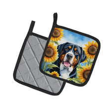 Load image into Gallery viewer, Greater Swiss Mountain Dog in Sunflowers Pot Holders - Set of 2 Decorative Kitchen Helpers | Made in the USA