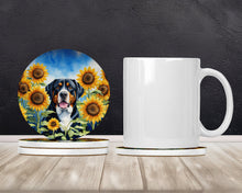 Load image into Gallery viewer, Greater Swiss Mountain Dog in Sunflowers Large Sandstone Coasters Pack of 4