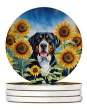 Load image into Gallery viewer, Greater Swiss Mountain Dog in Sunflowers Large Sandstone Coasters Pack of 4