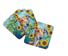Load image into Gallery viewer, Greyhound in Sunflowers Coasters - Set of 4 Lightweight Foam, Absorbent Drink Coasters