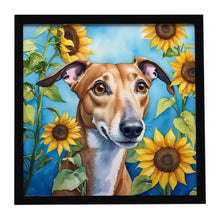 Load image into Gallery viewer, Greyhound in Sunflowers Framed Metal Print