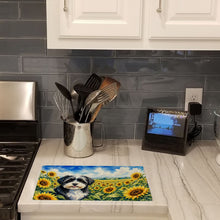 Load image into Gallery viewer, Havanese in Sunflowers Cutting Board Tempered Glass Kitchen Cutting Surface, Heat Resistant Chopping Board with Non-Slip Feet, Decorative Food Prep &amp; Serving