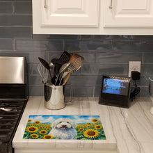 Load image into Gallery viewer, Komondor in Sunflowers Cutting Board Tempered Glass Kitchen Cutting Surface, Heat Resistant Chopping Board with Non-Slip Feet, Decorative Food Prep &amp; Serving