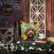 Load image into Gallery viewer, Labradoodle in Sunflowers Throw Pillow - 14x14 Decorative Pillow – Art for Your Home &amp; Patio