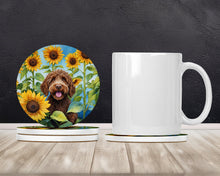 Load image into Gallery viewer, Labradoodle in Sunflowers Large Sandstone Coasters Pack of 4