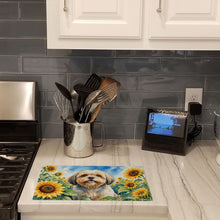 Load image into Gallery viewer, Lhasa Apso in Sunflowers Cutting Board Tempered Glass Kitchen Cutting Surface, Heat Resistant Chopping Board with Non-Slip Feet, Decorative Food Prep &amp; Serving