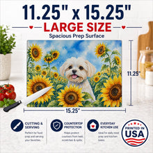 Load image into Gallery viewer, Maltese in Sunflowers Cutting Board Tempered Glass Kitchen Cutting Surface, Heat Resistant Chopping Board with Non-Slip Feet, Decorative Food Prep &amp; Serving