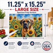 Load image into Gallery viewer, Mastiff in Sunflowers Cutting Board Tempered Glass Kitchen Cutting Surface, Heat Resistant Chopping Board with Non-Slip Feet, Decorative Food Prep &amp; Serving