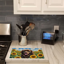 Load image into Gallery viewer, Newfoundland in Sunflowers Cutting Board Tempered Glass Kitchen Cutting Surface, Heat Resistant Chopping Board with Non-Slip Feet, Decorative Food Prep &amp; Serving