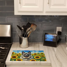 Load image into Gallery viewer, Norwegian Elkhound in Sunflowers Cutting Board Tempered Glass Kitchen Cutting Surface, Heat Resistant Chopping Board with Non-Slip Feet, Decorative Food Prep &amp; Serving