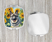 Load image into Gallery viewer, Norwegian Elkhound in Sunflowers Compact Mirror – Stylish Purse Mirror with Artistic Covers