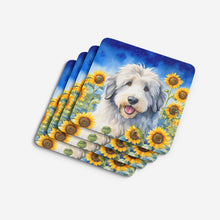Load image into Gallery viewer, Old English Sheepdog in Sunflowers Coasters - Set of 4 Lightweight Foam, Absorbent Drink Coasters
