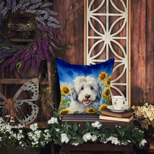 Load image into Gallery viewer, Old English Sheepdog in Sunflowers Throw Pillow - 14x14 Decorative Pillow – Art for Your Home &amp; Patio