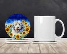 Load image into Gallery viewer, Old English Sheepdog in Sunflowers Large Sandstone Coasters Pack of 4