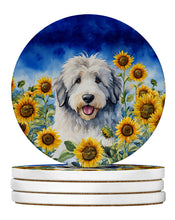 Load image into Gallery viewer, Old English Sheepdog in Sunflowers Large Sandstone Coasters Pack of 4