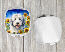 Load image into Gallery viewer, Old English Sheepdog in Sunflowers Compact Mirror – Stylish Purse Mirror with Artistic Covers