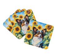 Load image into Gallery viewer, Papillon in Sunflowers Coasters - Set of 4 Lightweight Foam, Absorbent Drink Coasters
