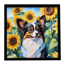 Load image into Gallery viewer, Papillon in Sunflowers Framed Metal Print