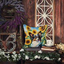 Load image into Gallery viewer, Papillon in Sunflowers Throw Pillow - 14x14 Decorative Pillow – Art for Your Home &amp; Patio