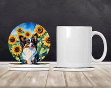 Load image into Gallery viewer, Papillon in Sunflowers Large Sandstone Coasters Pack of 4