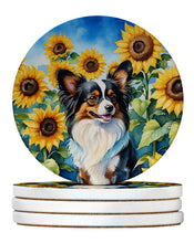 Load image into Gallery viewer, Papillon in Sunflowers Large Sandstone Coasters Pack of 4