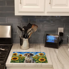 Load image into Gallery viewer, Pointer in Sunflowers Cutting Board Tempered Glass Kitchen Cutting Surface, Heat Resistant Chopping Board with Non-Slip Feet, Decorative Food Prep &amp; Serving
