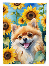 Load image into Gallery viewer, Pomeranian in Sunflowers Garden Flag – Bright Dog-Themed Yard Decor