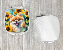 Load image into Gallery viewer, Pomeranian in Sunflowers Compact Mirror – Stylish Purse Mirror with Artistic Covers