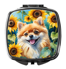 Load image into Gallery viewer, Pomeranian in Sunflowers Compact Mirror – Stylish Purse Mirror with Artistic Covers