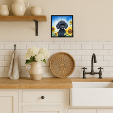 Load image into Gallery viewer, Black Poodle in Sunflowers Framed Metal Print