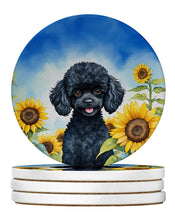 Load image into Gallery viewer, Black Poodle in Sunflowers Large Sandstone Coasters Pack of 4