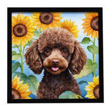 Load image into Gallery viewer, Chocolate Poodle in Sunflowers Framed Metal Print