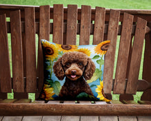 Load image into Gallery viewer, Chocolate Poodle in Sunflowers Throw Pillow - 14x14 Decorative Pillow – Art for Your Home &amp; Patio