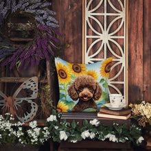 Load image into Gallery viewer, Chocolate Poodle in Sunflowers Throw Pillow - 14x14 Decorative Pillow – Art for Your Home &amp; Patio