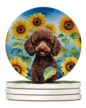 Load image into Gallery viewer, Chocolate Poodle in Sunflowers Large Sandstone Coasters Pack of 4