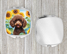Load image into Gallery viewer, Chocolate Poodle in Sunflowers Compact Mirror – Stylish Purse Mirror with Artistic Covers