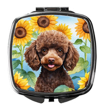 Load image into Gallery viewer, Chocolate Poodle in Sunflowers Compact Mirror – Stylish Purse Mirror with Artistic Covers