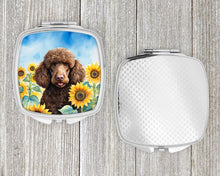 Load image into Gallery viewer, Chocolate Poodle in Sunflowers Compact Mirror – Stylish Purse Mirror with Artistic Covers