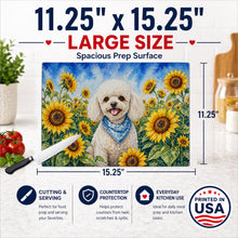 Load image into Gallery viewer, White Poodle in Sunflowers Cutting Board Tempered Glass Kitchen Cutting Surface, Heat Resistant Chopping Board with Non-Slip Feet, Decorative Food Prep &amp; Serving
