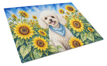 Load image into Gallery viewer, White Poodle in Sunflowers Cutting Board Tempered Glass Kitchen Cutting Surface, Heat Resistant Chopping Board with Non-Slip Feet, Decorative Food Prep &amp; Serving