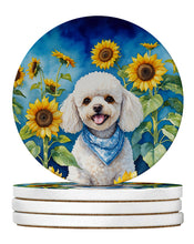 Load image into Gallery viewer, White Poodle in Sunflowers Large Sandstone Coasters Pack of 4