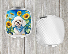 Load image into Gallery viewer, White Poodle in Sunflowers Compact Mirror – Stylish Purse Mirror with Artistic Covers