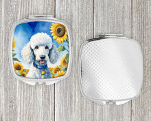 Load image into Gallery viewer, White Poodle in Sunflowers Compact Mirror – Stylish Purse Mirror with Artistic Covers