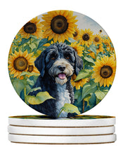 Load image into Gallery viewer, Portuguese Water Dog in Sunflowers Large Sandstone Coasters Pack of 4