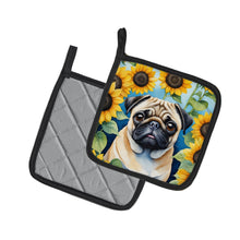 Load image into Gallery viewer, Pug in Sunflowers Pot Holders - Set of 2 Decorative Kitchen Helpers | Made in the USA