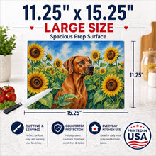 Load image into Gallery viewer, Rhodesian Ridgeback in Sunflowers Cutting Board Tempered Glass Kitchen Cutting Surface, Heat Resistant Chopping Board with Non-Slip Feet, Decorative Food Prep &amp; Serving