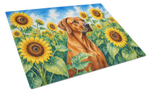 Load image into Gallery viewer, Rhodesian Ridgeback in Sunflowers Cutting Board Tempered Glass Kitchen Cutting Surface, Heat Resistant Chopping Board with Non-Slip Feet, Decorative Food Prep &amp; Serving