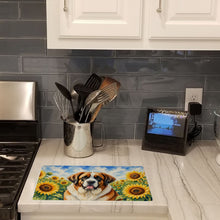 Load image into Gallery viewer, Saint Bernard in Sunflowers Cutting Board Tempered Glass Kitchen Cutting Surface, Heat Resistant Chopping Board with Non-Slip Feet, Decorative Food Prep &amp; Serving