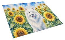 Load image into Gallery viewer, Samoyed in Sunflowers Cutting Board Tempered Glass Kitchen Cutting Surface, Heat Resistant Chopping Board with Non-Slip Feet, Decorative Food Prep &amp; Serving