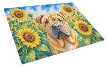 Load image into Gallery viewer, Shar Pei in Sunflowers Cutting Board Tempered Glass Kitchen Cutting Surface, Heat Resistant Chopping Board with Non-Slip Feet, Decorative Food Prep &amp; Serving